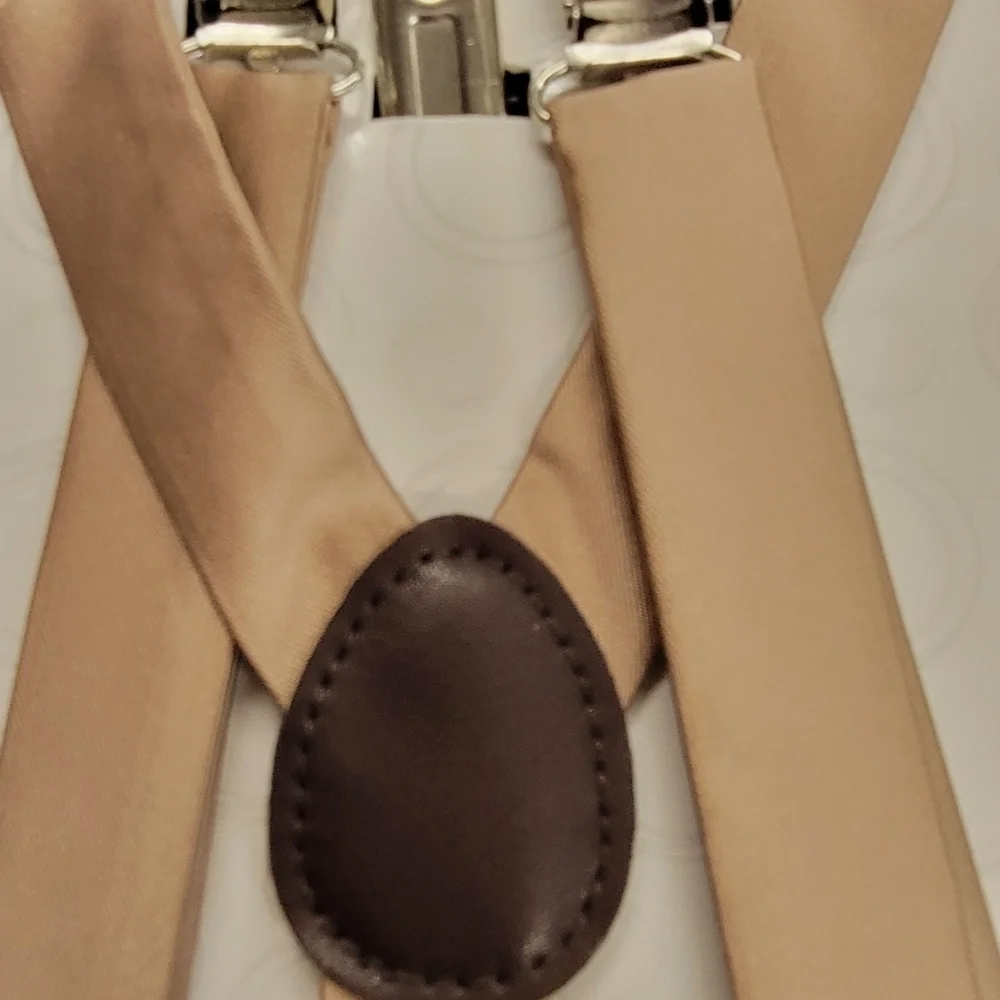 2 Piece Set of a Boys Suspender Tan & a Bowtie in Blue/White